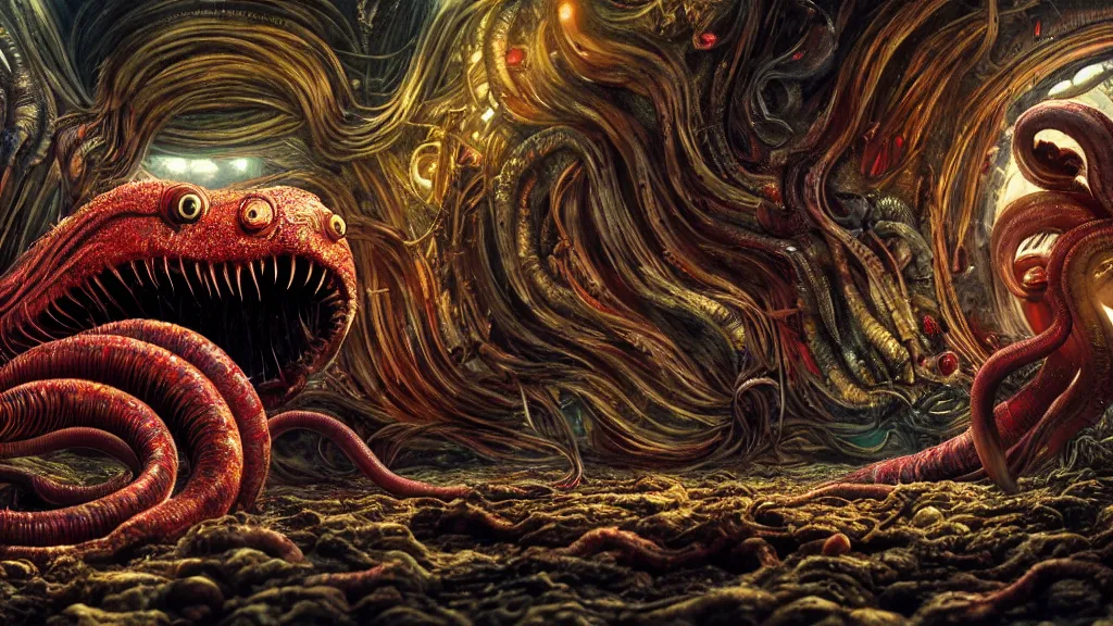 Image similar to screaming worm monster, maximalist, high detail, 8k, ornate, dark fantasy, realistic, masterpiece, complex, WLOP, film still from the movie directed by Denis Villeneuve, wide angle, colorful