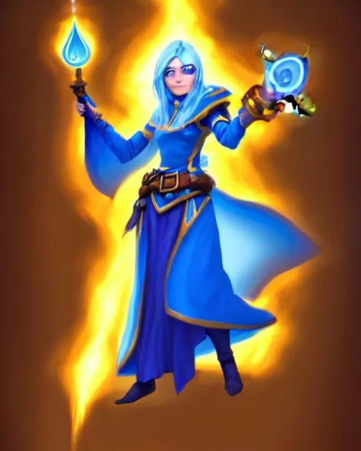 Image similar to perfectly - centered!! looking at the camera!!! full body portrait of the female blue mage, bright lighting, by hearthstone, concept art, hearthstone mastered art