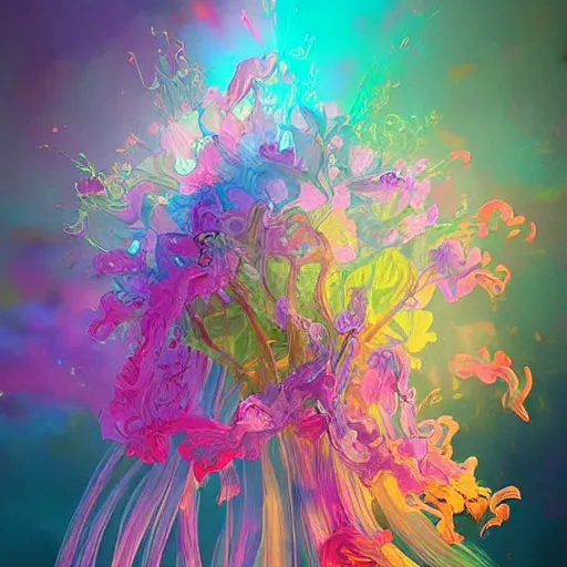 Image similar to a bouquet of ethereal big colorful transparent entangled flowers, direct sunlight, glowing, vivid, detailed painting, soft Houdini algorhitmic pattern, by Ross Tran, WLOP, artgerm and James Jean, masterpiece, award winning painting