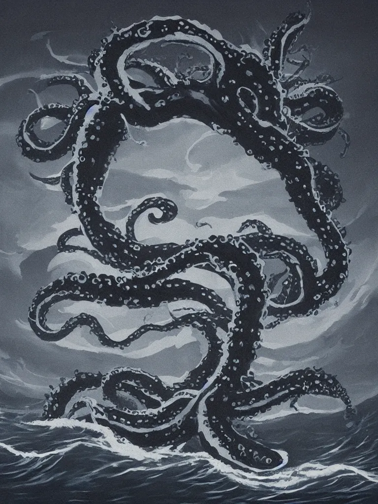 Prompt: minimalist painting of a kraken hidden in the depths of the ocean, detailed, dark, ominous