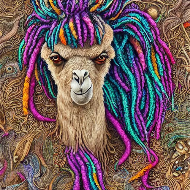 Prompt: llama with dreadlocks, colorful, detailed by ernst haeckel, artgerm, james jean