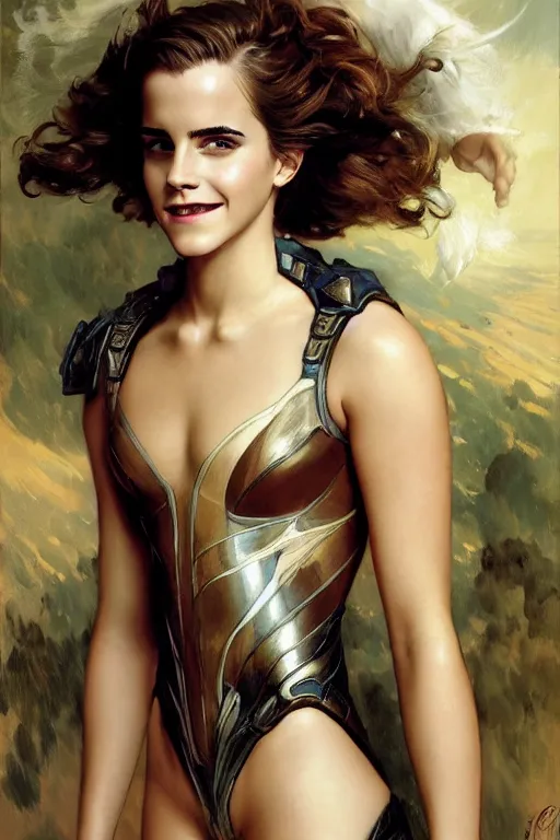 Image similar to emma watson smiling closeup portrait futuristic fractal fightsuit bustier gaston bussiere craig mullins j. c. leyendecker short wet hair