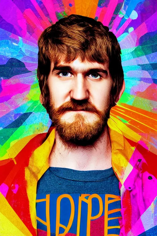 Prompt: inspirational style hope poster of bo burnham with beard, psychedelic colors, highly detailed, photograph, loving