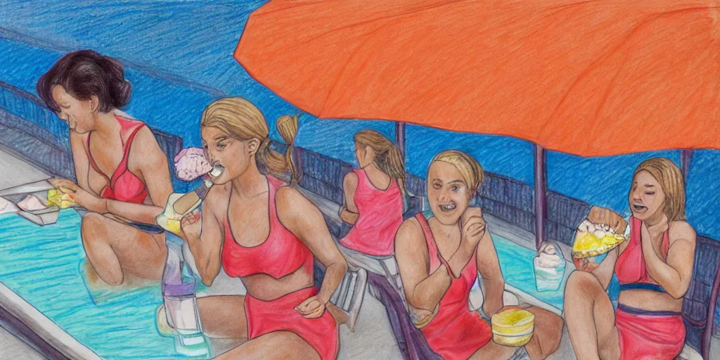 Prompt: colored pencil drawing of two women eating ice cream at the pool, one has two scoops of rainbow sherbet and the other has a huge waffle cone of vanilla