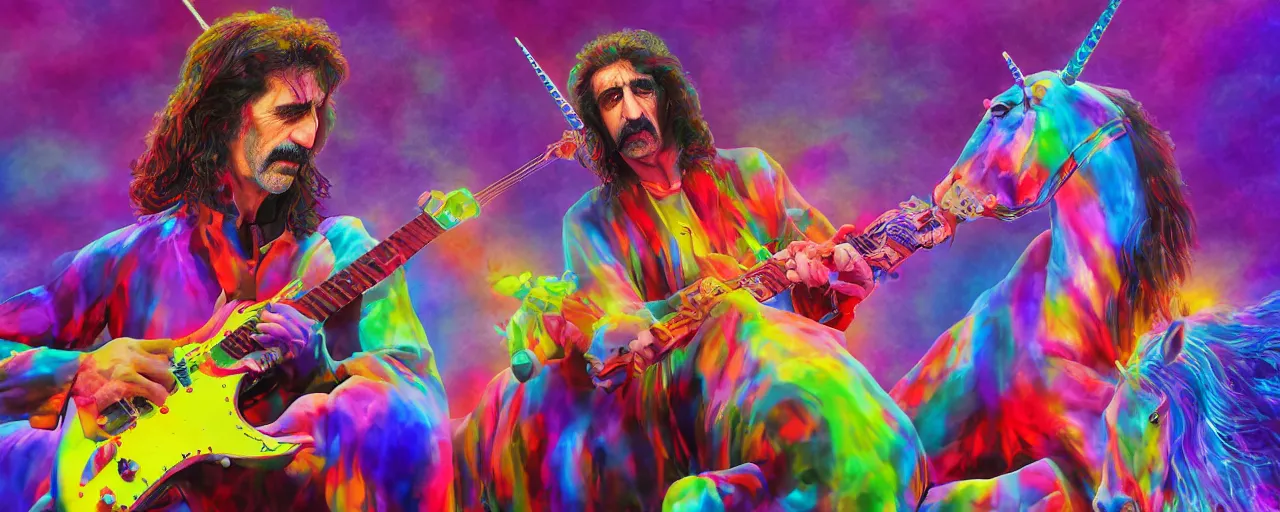 Image similar to A 3d rendered colourful portrait of frank zappa playing an electric guitar whilst riding a unicorn, digital art, 4k