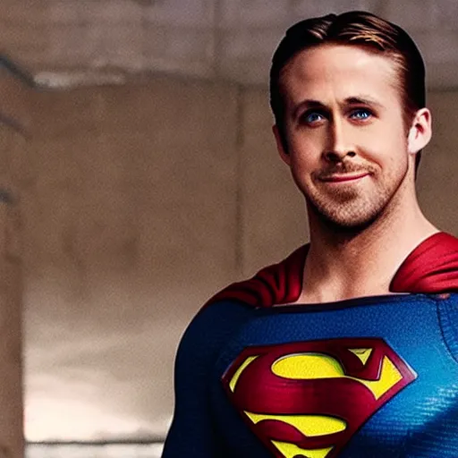 Prompt: Photo of Ryan Gosling as Superman, floating