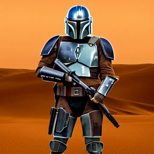 Prompt: A hyperdetailed award winning masterpiece full body shot of a Mandalorian posing with his rifle in the desert