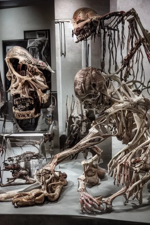 Prompt: inside a museum, a room where anatomical body parts are piece of arts by Rob Bottin, filth and grim, very detailed, ultra realistic photography