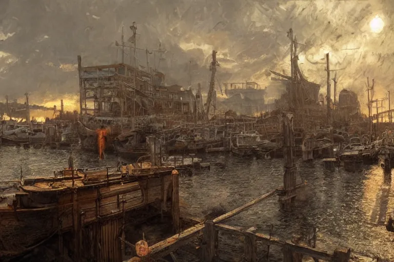 Image similar to The harbor docks on sicily , moody scene, highly detailed, intricate, sharp details, dystopian mood, 1950 scene by gaston bussiere, craig mullins, somber lighting, drawn by Giacomo Burattini, inspired by graphic novel cover art, hyperrealistic, 8k by RHADS
