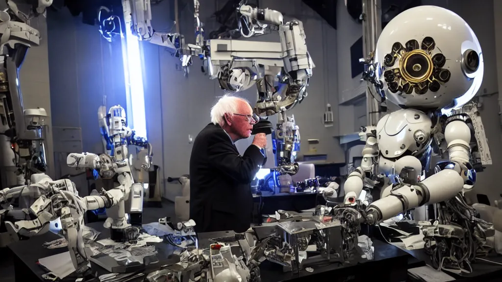 Image similar to bernie sanders putting the finishing touches on a cute clockwork doomsday robot, cinematic moody lighting, sharp focus, imax