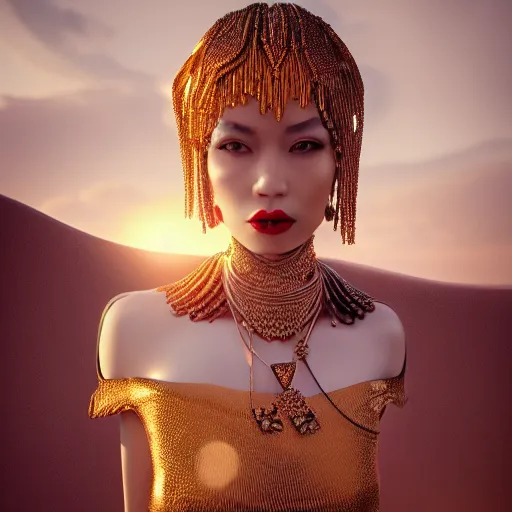 Image similar to giesha demon, innovative avant-garde art, deco fashion, asian women, highly detailed, photorealistic portrait, serene desert setting, golden hour, crisp quality and light reflections, octane render