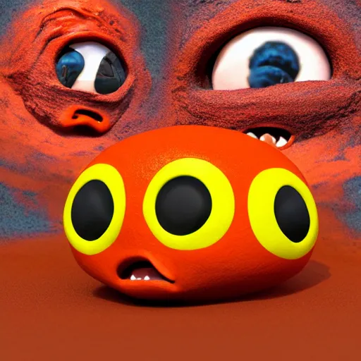 Image similar to photo of a comically tiny clay model of an angry baby rocky magma creature with a volcanic body and large childlike eyes leans close to the camera, fish eye lens, 4 k, hyper realistic, hyper detailed face, octane render, comedic, cute