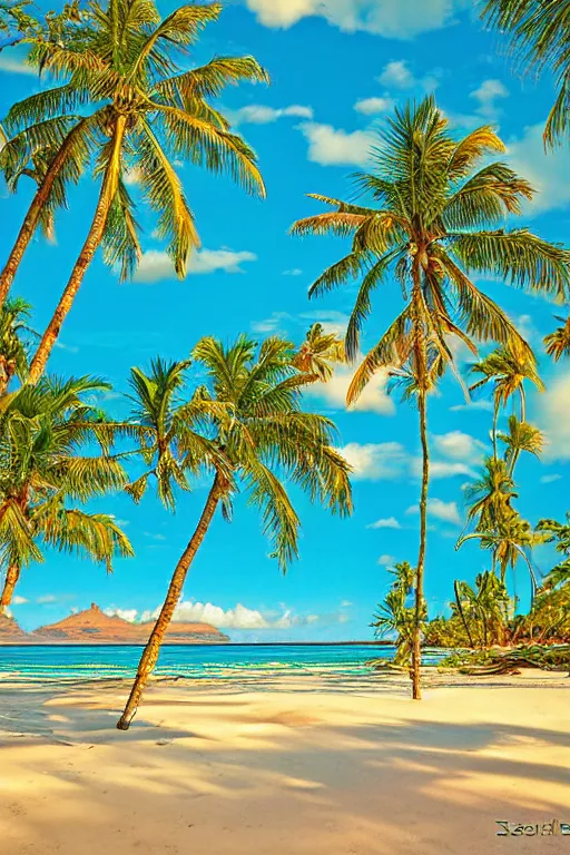 Prompt: beckoning palms lean over crystal clear water turquoise beautiful day hawaiian beach summer style by scott westmoreland