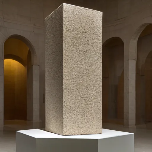 Prompt: single clay museum sculpture, cube pedestal, pyramidal symbolic representation, in a large hall, ambient lighting, museum catalog photograph