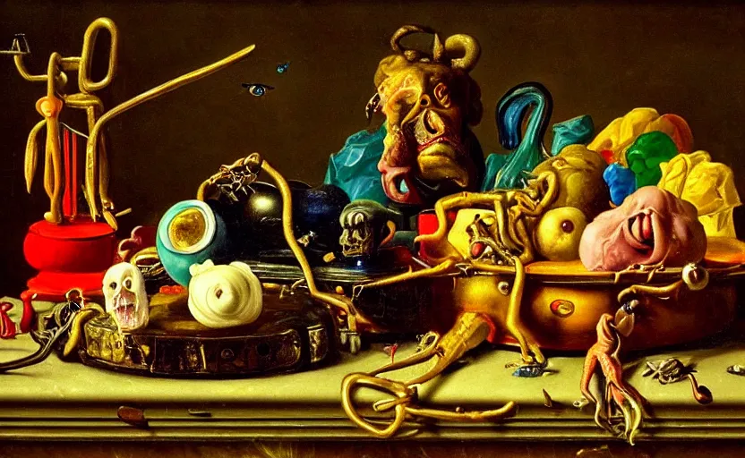 Image similar to disturbing colorful oil painting dutch golden age vanitas still life with bizarre objects strange gooey surfaces shiny metal bizarre insects tongue tendril teeth eyes rachel ruysch dali todd schorr very detailed perfect composition rule of thirds masterpiece canon 5 0 mm, cinematic lighting, photography, retro, film, kodachrome