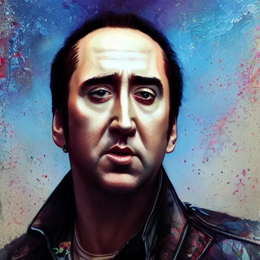 Image similar to beautiful portrait of Nic Cage by Tristan Eaton and Stanley Artgerm and Tom Bagshaw, Greg Rutkowski Carne_Griffiths