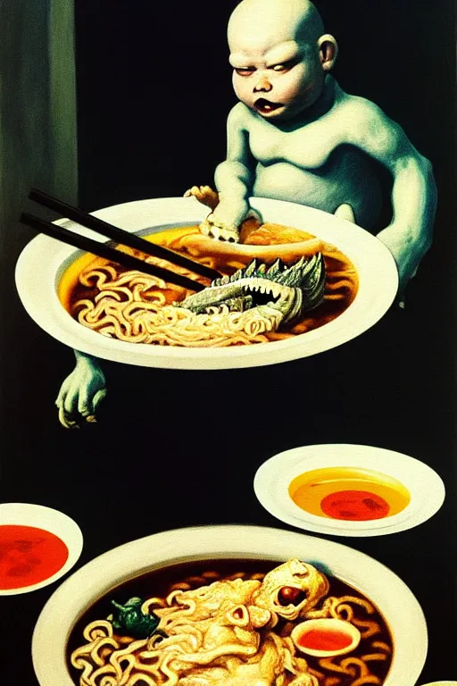 Image similar to evil human giant baby godzilla eating a huge bowl of ramen in new york city, hauntingly surreal, highly detailed painting by francis bacon, edward hopper, adrian ghenie, gerhard richter, and james jean soft light 4 k,