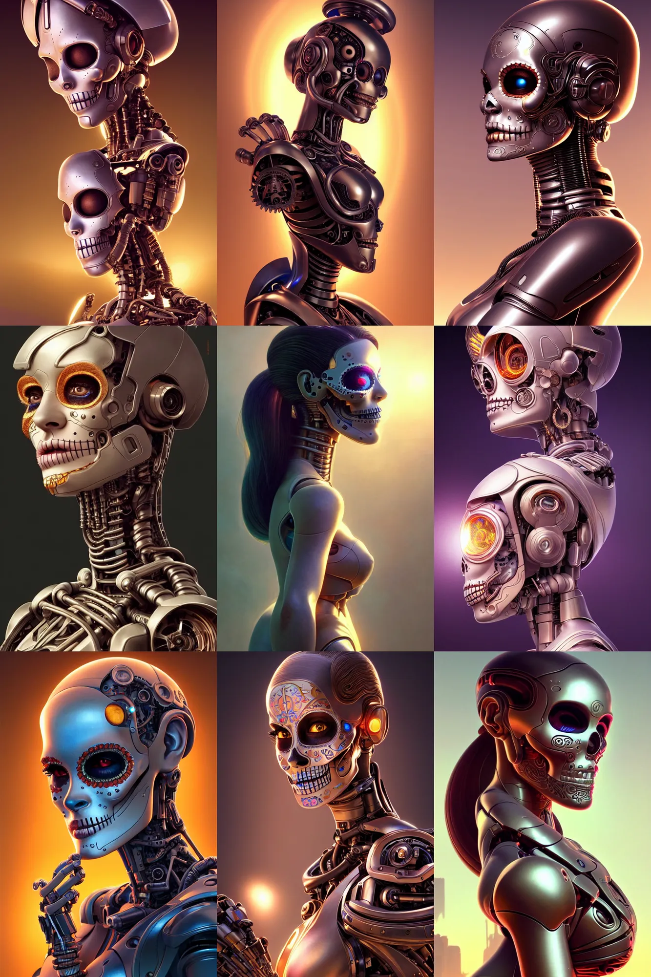 Prompt: beautiful female mechanical android!, highly detailed side portrait, intricate detailed environment, global illumination, photorealistic, octane render, digital illustration, concept art, rim light, cinematic lighting, art, very coherent, cinematic, hyper realism, dia de los muertos, 8 k. by artgerm and moebius and rossdraws and greg rutkowski and alphonse mucha