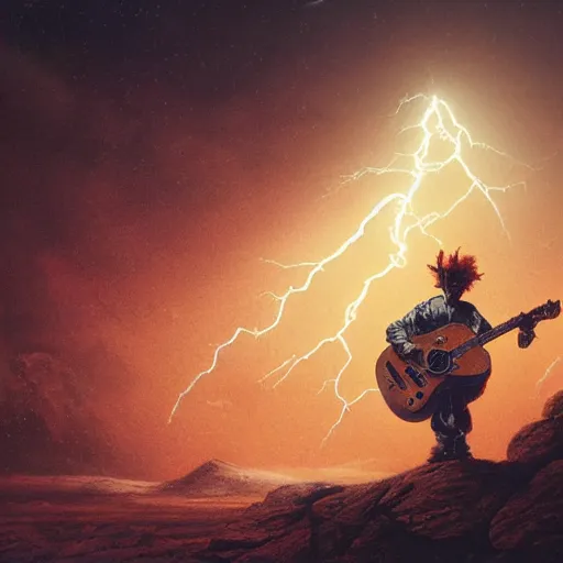 Image similar to UHD closeup of a clown playing electric guitar during a lightning storm on Mars, by Antonio Caparo and Ferdinand Knab and Greg Rutkowski, UHD, photorealistic, trending on artstation, trending on deviantart