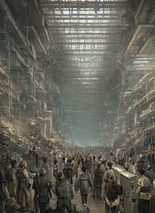 Image similar to a long queue of people standing in a huge underground dystopian factory , hyperdetailed, artstation, cgsociety, 8k