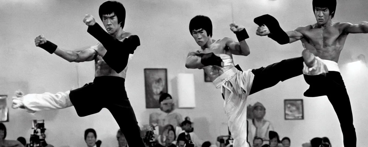 Prompt: Bruce Lee performing a spinning back kick on the Pope, cinematic, 4K, in the movie Enter The Dragon