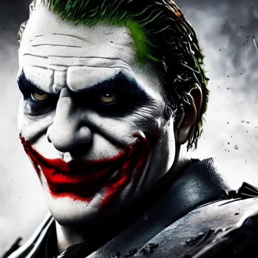 Image similar to the joker in gears of war, splash art, movie still, detailed face, photorealistic facial features, cinematic lighting, dramatic, octane render, long lens, shallow depth of field, bokeh, anamorphic lens flare, 8 k, hyper detailed, 3 5 mm film grain