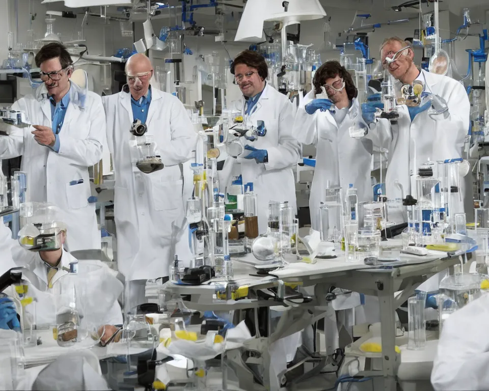 Image similar to reckless!!! whimsical! scientists in a lab inventing, presentation, scattered tables overloaded with doomsday devices and beakers and test tubes