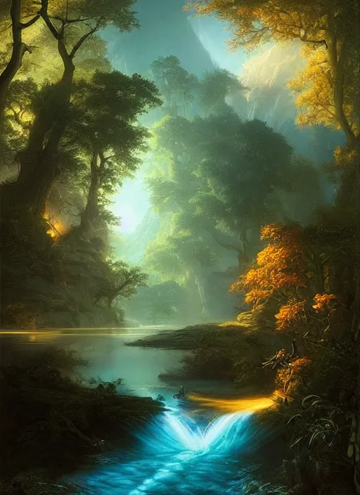 Prompt: the magical river, light shafts, stunning atmosphere, naturalistic art by asher brown durand, inspired by peter mohrbacher