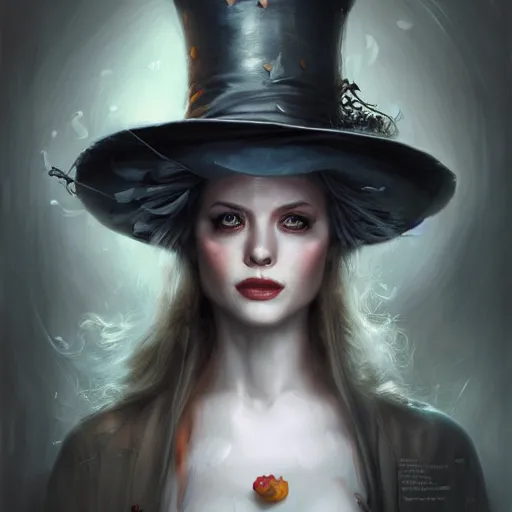 Image similar to The Madhatter, digital painting, lots of details, extremely detailed, 4k, intricate, brush strokes, Artgerm, Bastien Lecouffe-Deharme