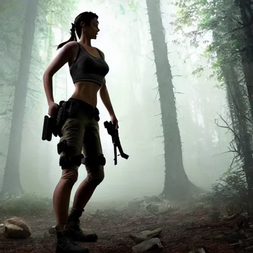 Prompt: photo of lara croft being arrested by cops in a forest, 8 k, by greg rutkowski, artgerm,