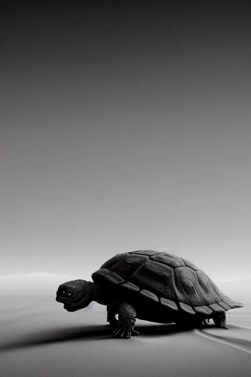 Prompt: an alien tortoise cralling through a strange desert world by roger deakins from the future in the style of dali. large black alien eyes and green and grey body. masterpiece. cinematic still award - winning vfx cgi. melancholic scene infected by night. perfect composition and lighting. sharp focus. high contrast color lush surrealistic photorealism desert scenery.