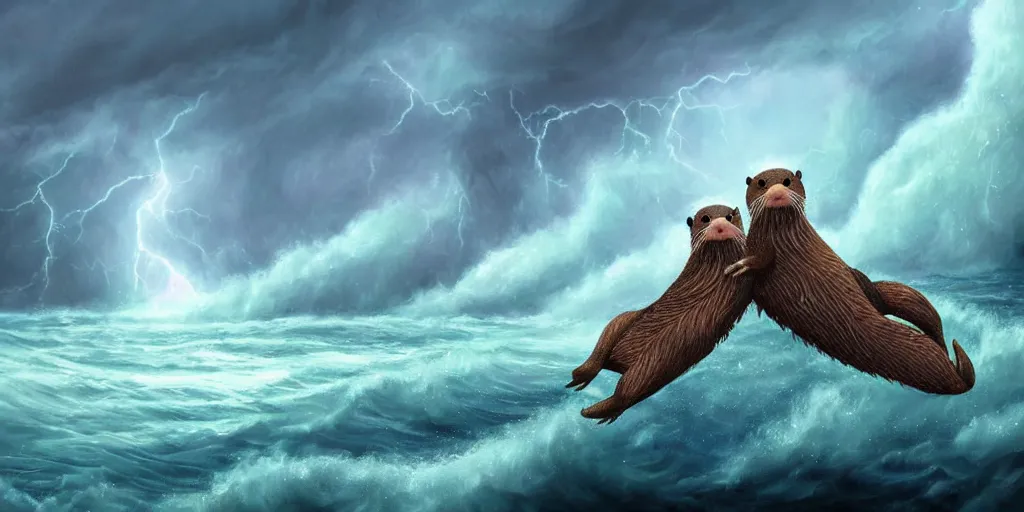 Image similar to beautiful fantasy illustration of a pair of adorable otters falling in love holding hands in a huge storm at sea cinematic dreamlike detailed trending on artstation masterpiece