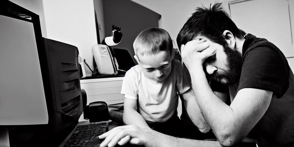 Prompt: black and white photo of hangover man behind computer and sad kid staying near the man