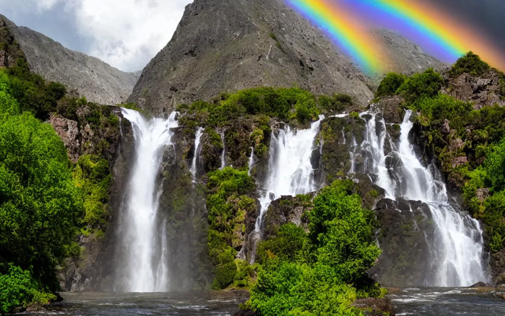 Prompt: a large waterfall that descends from a mountain and comes to a stream with clear water, gray clouds in the sky and a rainbow realistic photo