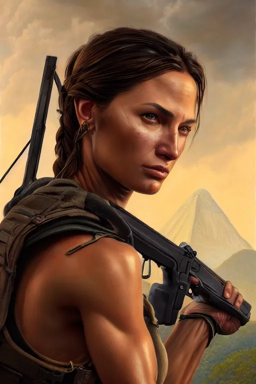 Image similar to epic portrait of slim muscular lara croft, guatemla,, detailed, digital painting, artstation, concept art, donato giancola, joseph christian leyendecker, wlop, boris vallejo, breathtaking, high details, extremely detailed, sincere face, establishing shot, artistic, hyper realistic, beautiful face, octane render 8 k