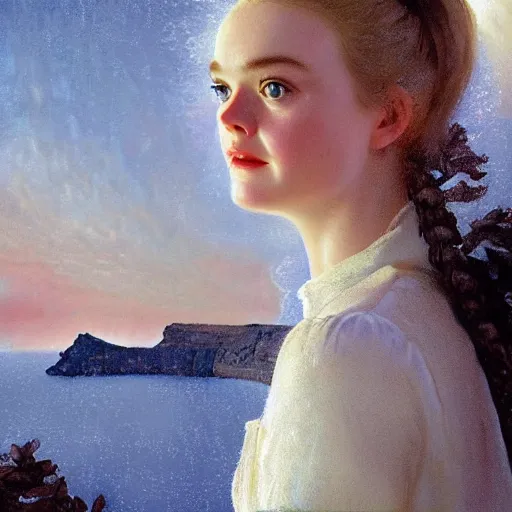 Image similar to Elle Fanning in Santorini at night, head and shoulders portrait, stormy weather, extremely detailed masterpiece, Roger Deakin’s cinematography, illustration, by Norman Rockwell,