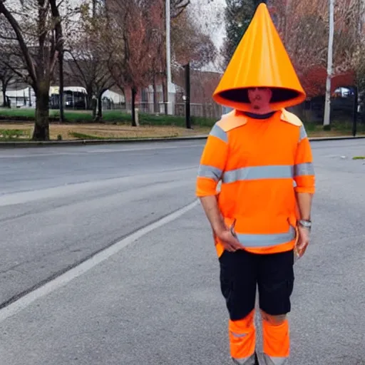 Prompt: a man wearing a traffic cone over his head and face