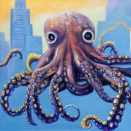 Image similar to oil painting of giant octopus ravaging metropolis