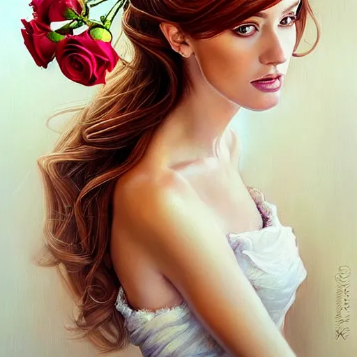 Prompt: portrait of a gorgeous woman holding a bouquet of roses in the style of stefan kostic, auburn hair, intricate, white dress, elegant, highly detailed, 8 k, art by artgerm, mark hill