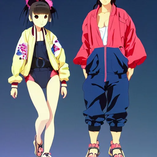 Image similar to a beautiful japanese natalie portman gravure model, wearing oversized native designer bomber jacket and leotard with overalls, bulky poofy bomber jacket with mesoamerican patterns, mesoamerican native street fashion, gapmoe yandere grimdark, trending on pixiv fanbox, painted by greg rutkowski makoto shinkai takashi takeuchi studio ghibli, akihiko yoshida