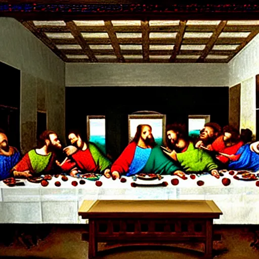 Image similar to painting of the last supper with dogs, mural by michelangelo