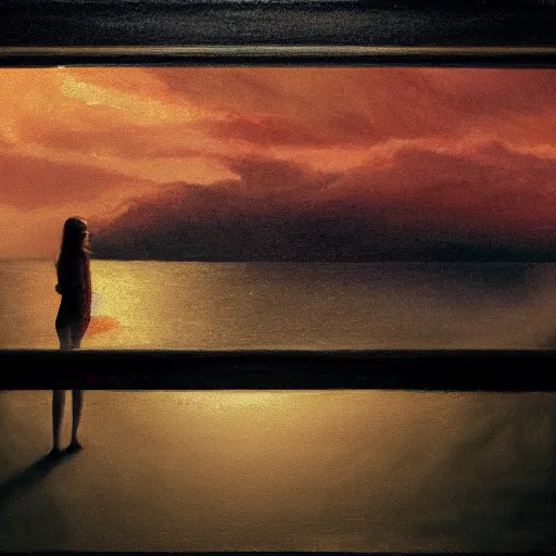 Image similar to silhouette of Elle Fanning on a boat, stormy weather, extremely detailed masterpiece, oil on canvas, low-key neon lighting, artstation, Blade Runner 2049, Roger Deakin’s cinematography, by Peter Monamy and Edward Hopper,