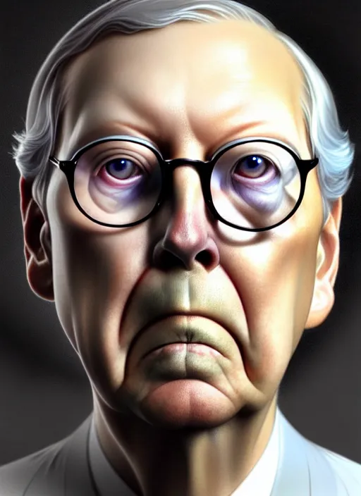 Image similar to concept art by artgerm, amazingly beautiful portrait of a hyper realistic, frowning, sad mitch mcconnell as a turtle by greg rutkowski, artgerm, alphonse mucha, concept art, octane render, highly detailed, high quality, 8 k, soft lighting, path traced, and uang guangjian and gil elvgren, symmetry!!