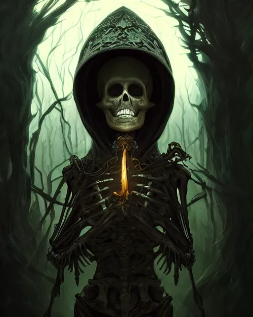 Prompt: Portrait of a skeleton mage wearing hood, dark fantasy, deep forest on background, mid-shot, intricate, elegant, highly detailed, digital painting, artstation, concept art, smooth, sharp focus, illustration, art by Sam Youn and Fernanda Suarez and Artem Demura and alphonse mucha