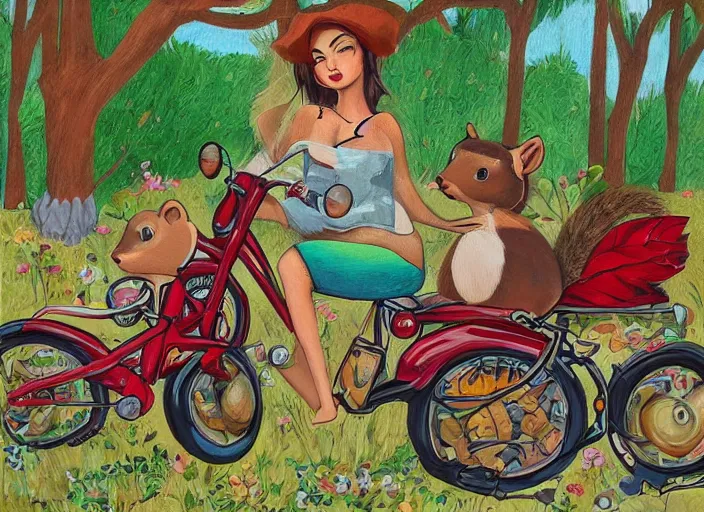 Image similar to 🐿🥜🛵☀, lowbrow, in the style of camille rose garcia,
