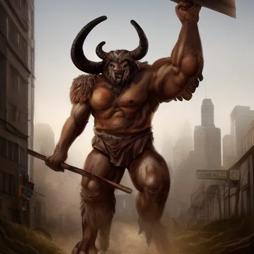 Prompt: giant beast full body, muscles, warrior with a ram head and a wooden staff, walking between buildings in a dense populated city, highly detail