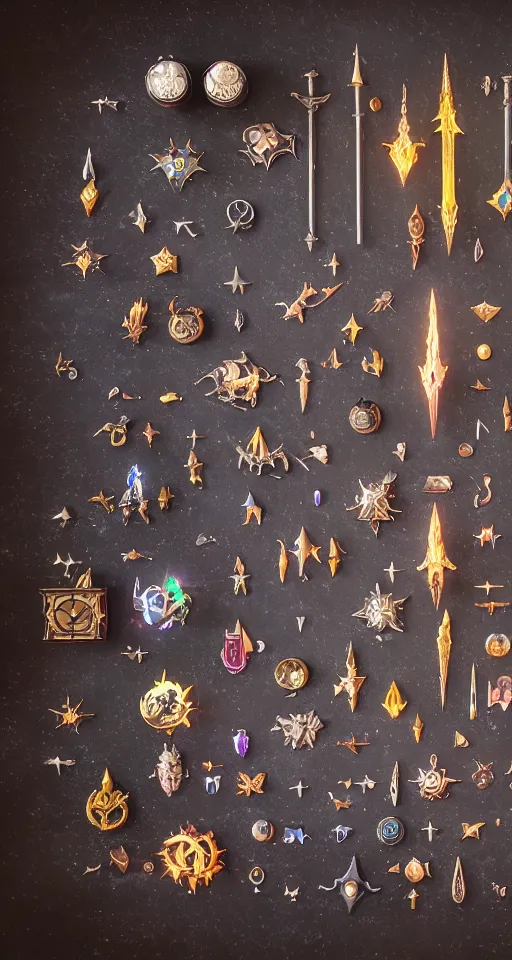 Image similar to a knolling of magical weapons, glowing potions, magic wands and spellbooks, spell top down view, overhead view, flatlay