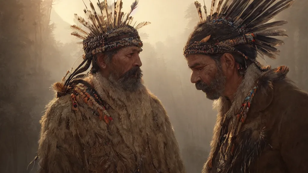 Image similar to highly detailed portrait of a grizzled indigenous man, feathered headdress, traditional clothing, unreal engine, fantasy art by greg rutkowski, ferdinand knab, makoto shinkai and lois van baarle, ilya kuvshinov, rossdraws, tom bagshaw, global illumination, radiant light, detailed and intricate environment