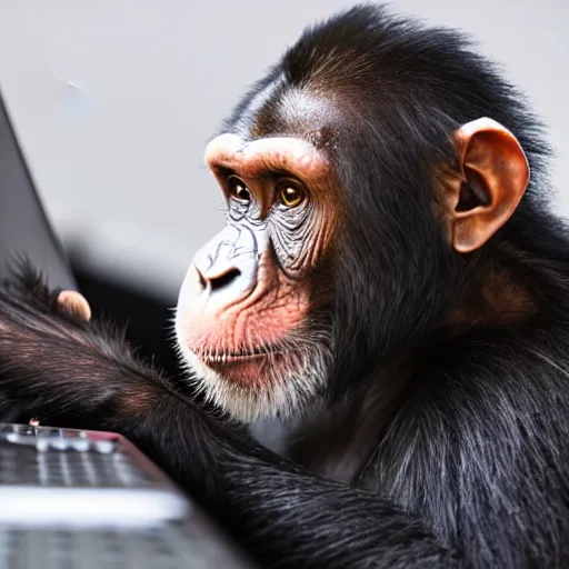 Prompt: photo of a chimp sitting at a computer smashing the keyboard, 4k