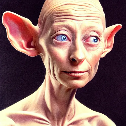 Prompt: ultra realistic portrait painting of tilda swinton as dobby, art by frank frazetta, 4 k, ultra realistic, highly detailed, epic lighting